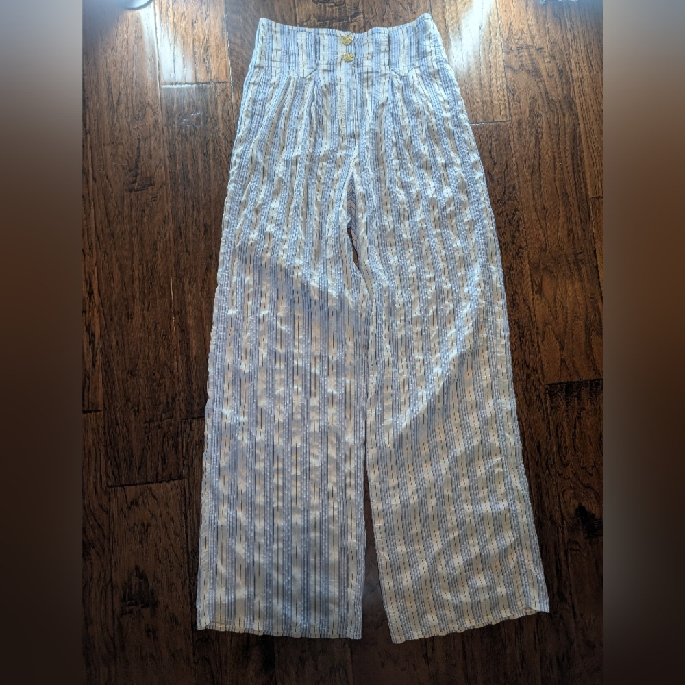 Etro Blue and White Striped 100% Silk Wide Leg Pants Made in Italy